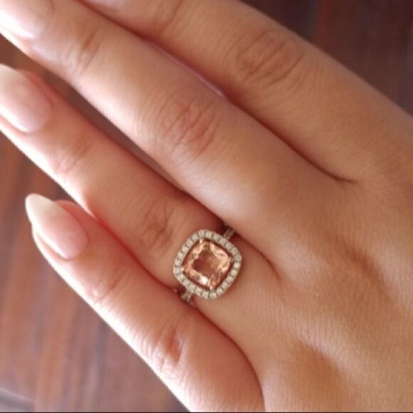 Rose Gold 925 Pink Morganite Princess Halo Ring - Picture 4 of 4